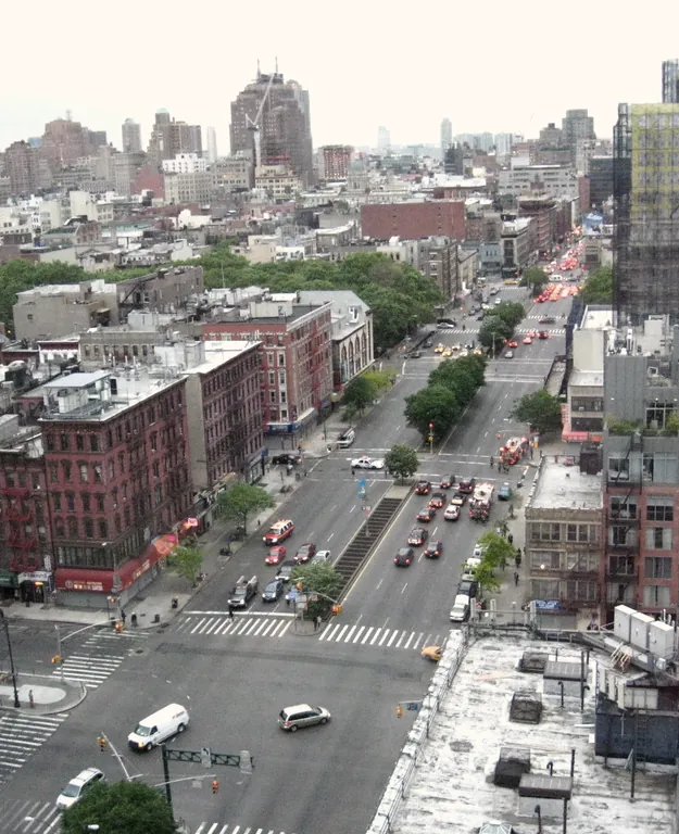 A street canyon seen from a rooftop